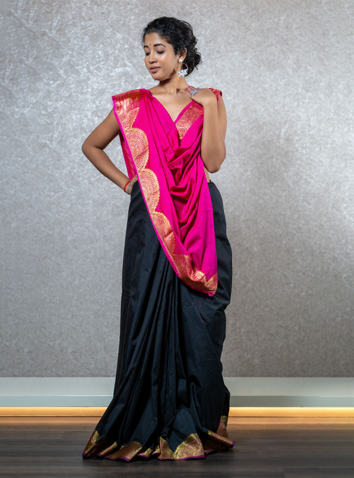 Dark green and bright pink traditional designer saree