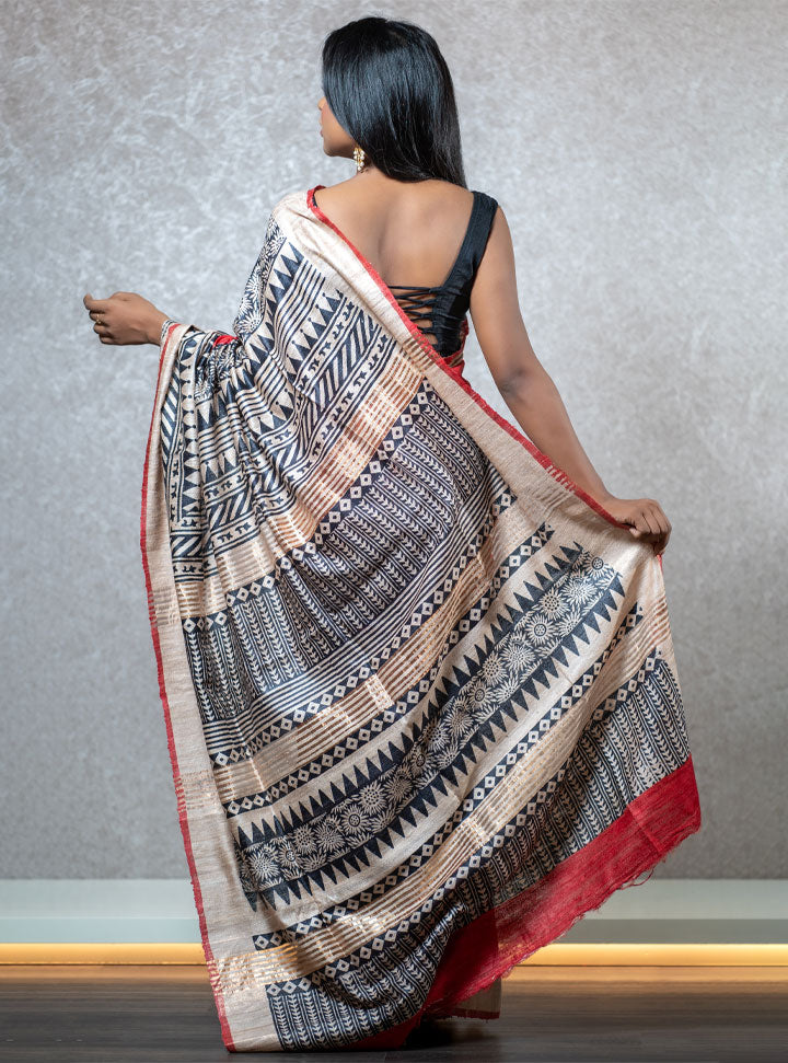 Red and black tribal printed designer saree