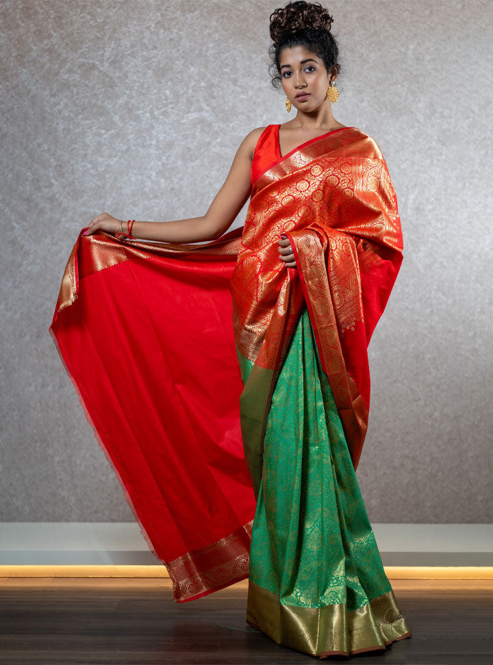 Bright red and green ethnic designer saree