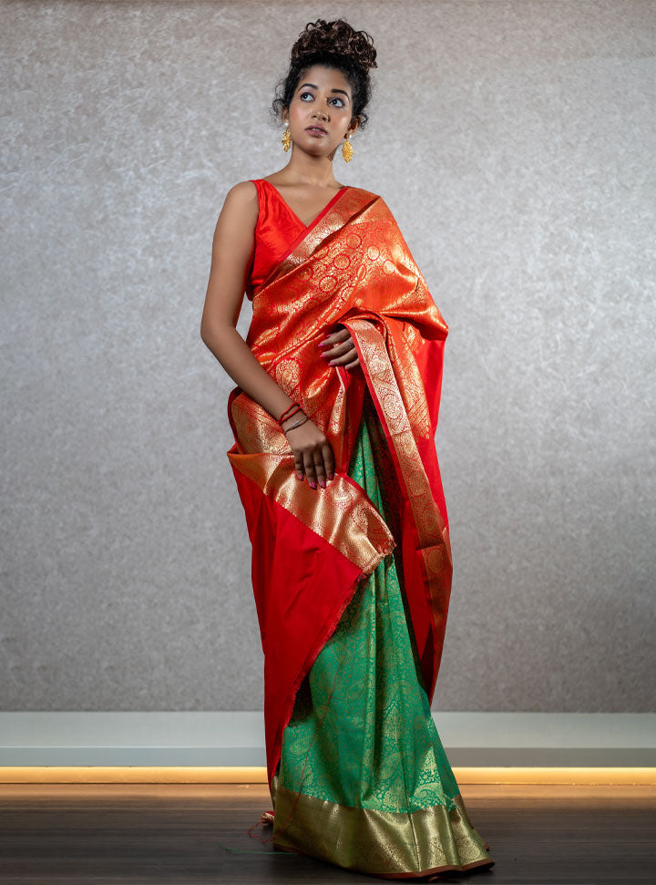 Bright red and green ethnic designer saree