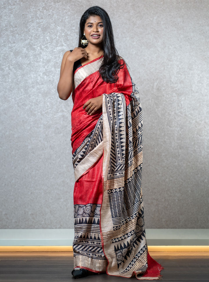 Red and black tribal printed designer saree