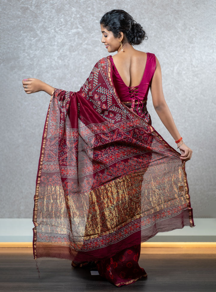 Maroon ethnic printed designer saree