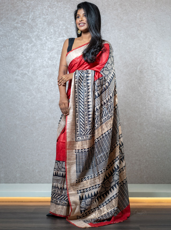 Red and black tribal printed designer saree